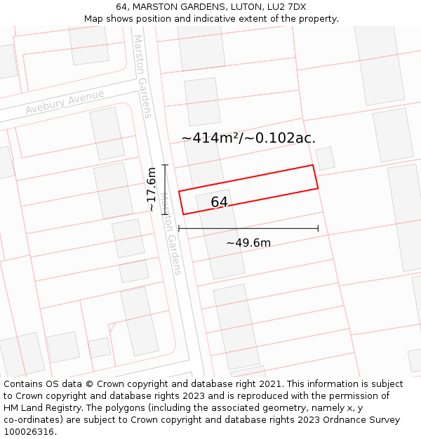64, MARSTON GARDENS, LUTON, LU2 7DX: Plot and title map