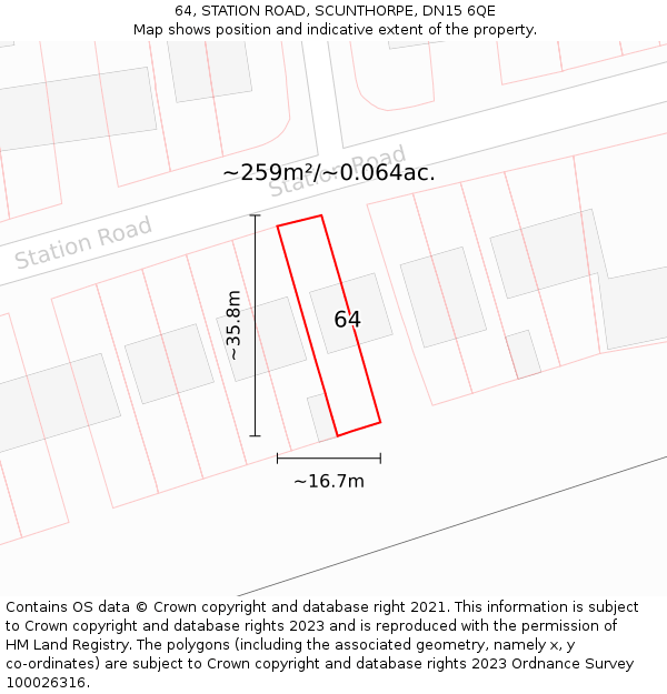64, STATION ROAD, SCUNTHORPE, DN15 6QE: Plot and title map