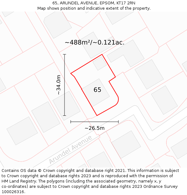 65, ARUNDEL AVENUE, EPSOM, KT17 2RN: Plot and title map