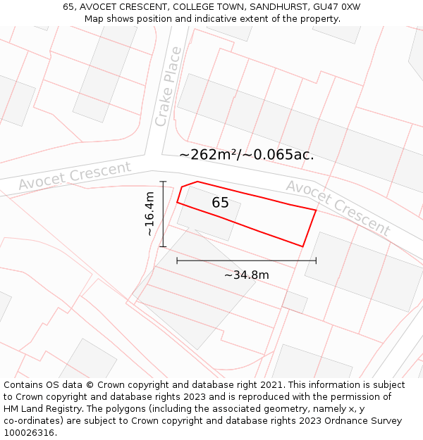 65, AVOCET CRESCENT, COLLEGE TOWN, SANDHURST, GU47 0XW: Plot and title map