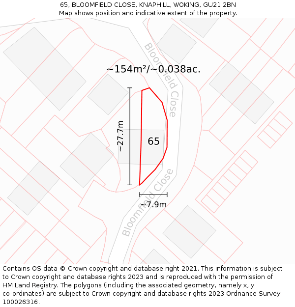 65, BLOOMFIELD CLOSE, KNAPHILL, WOKING, GU21 2BN: Plot and title map