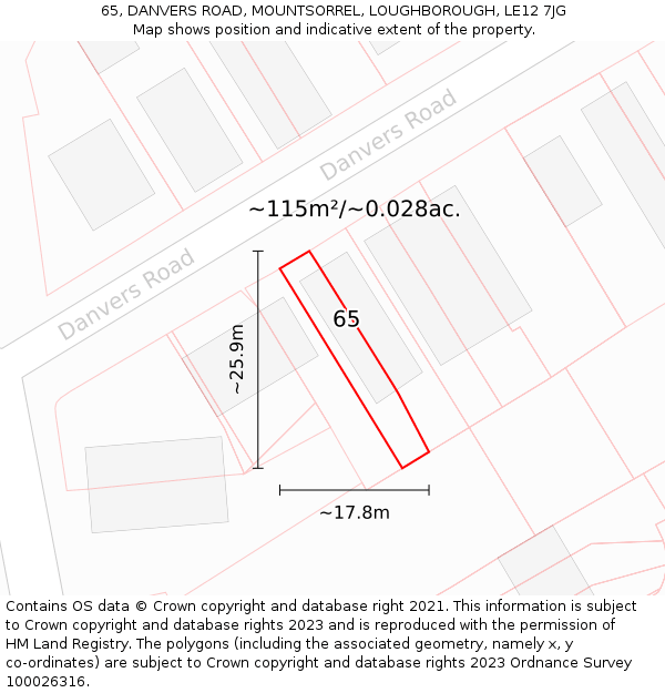65, DANVERS ROAD, MOUNTSORREL, LOUGHBOROUGH, LE12 7JG: Plot and title map