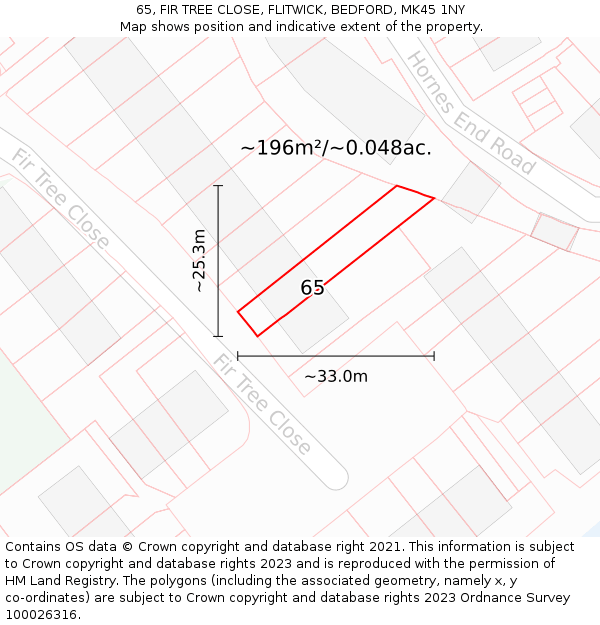 65, FIR TREE CLOSE, FLITWICK, BEDFORD, MK45 1NY: Plot and title map