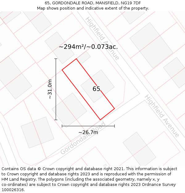 65, GORDONDALE ROAD, MANSFIELD, NG19 7DF: Plot and title map