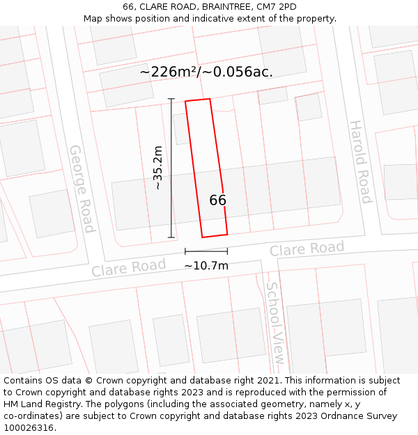 66, CLARE ROAD, BRAINTREE, CM7 2PD: Plot and title map