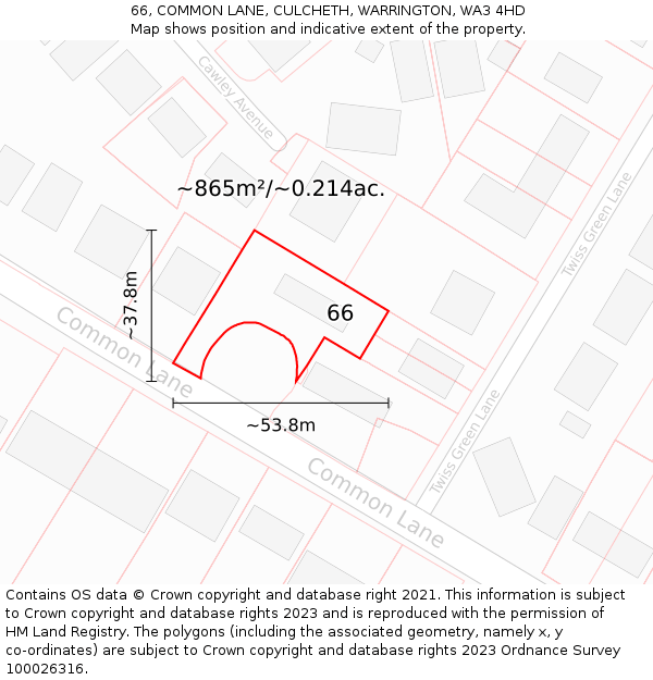 66, COMMON LANE, CULCHETH, WARRINGTON, WA3 4HD: Plot and title map