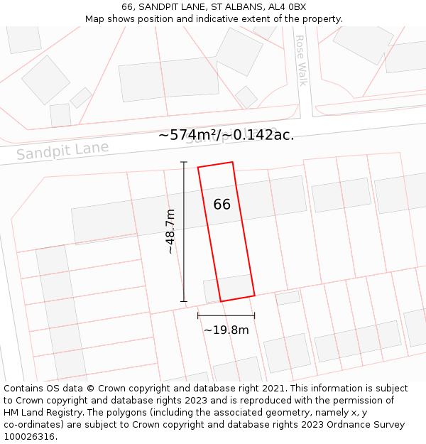 66, SANDPIT LANE, ST ALBANS, AL4 0BX: Plot and title map