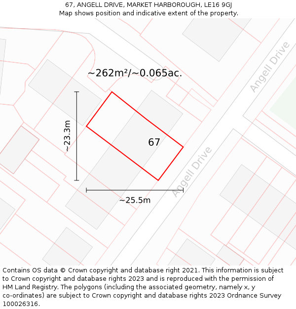 67, ANGELL DRIVE, MARKET HARBOROUGH, LE16 9GJ: Plot and title map