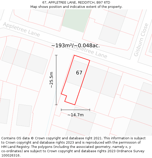 67, APPLETREE LANE, REDDITCH, B97 6TD: Plot and title map