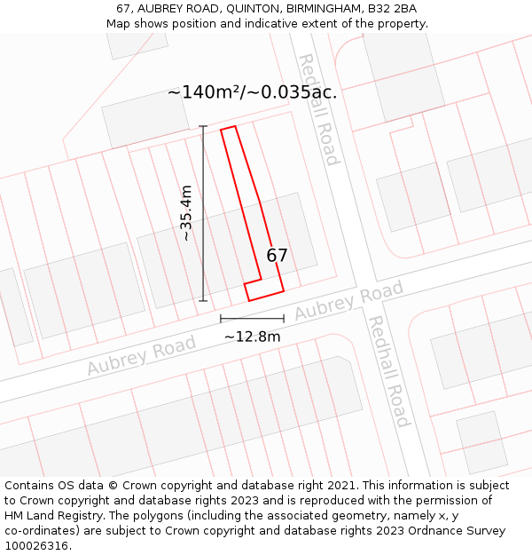 67, AUBREY ROAD, QUINTON, BIRMINGHAM, B32 2BA: Plot and title map