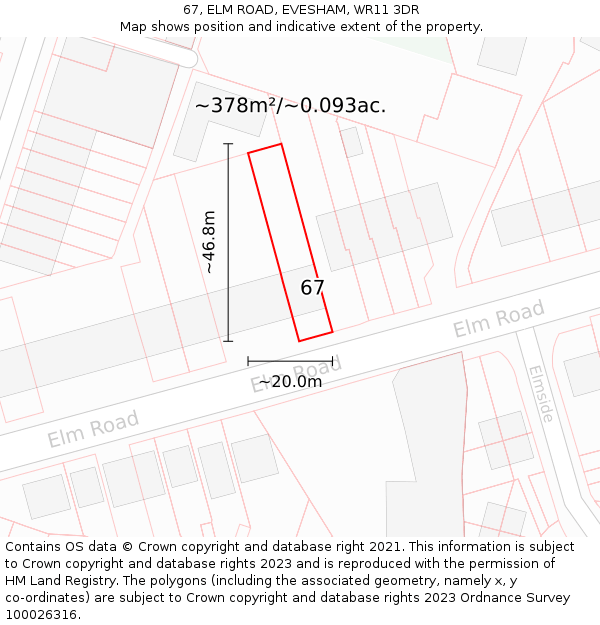 67, ELM ROAD, EVESHAM, WR11 3DR: Plot and title map