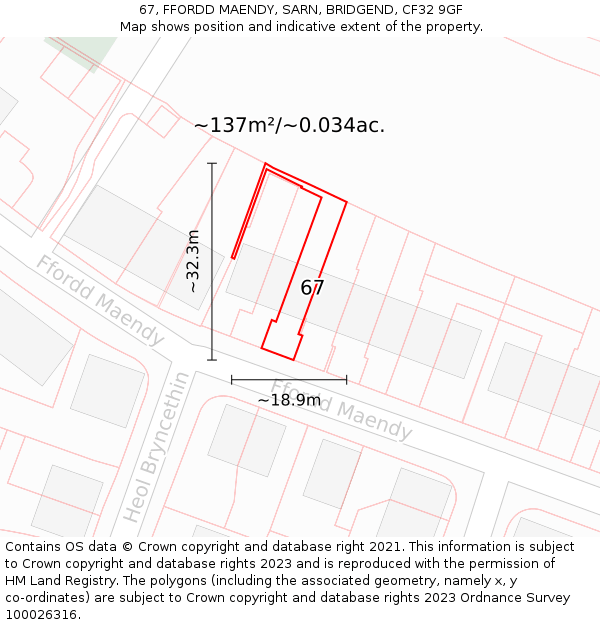 67, FFORDD MAENDY, SARN, BRIDGEND, CF32 9GF: Plot and title map