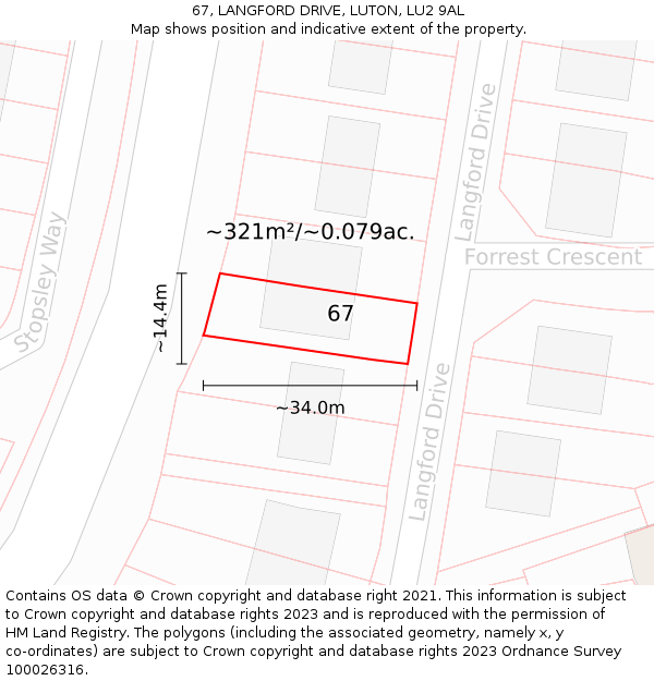 67, LANGFORD DRIVE, LUTON, LU2 9AL: Plot and title map