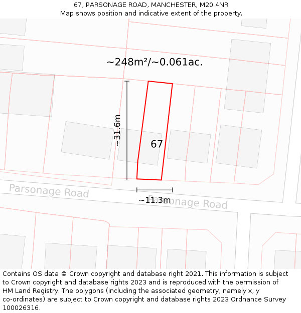 67, PARSONAGE ROAD, MANCHESTER, M20 4NR: Plot and title map