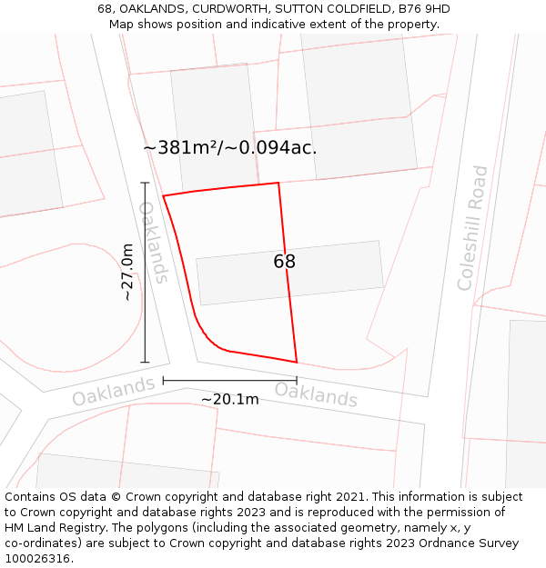 68, OAKLANDS, CURDWORTH, SUTTON COLDFIELD, B76 9HD: Plot and title map