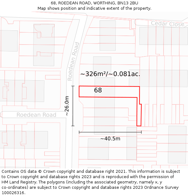 68, ROEDEAN ROAD, WORTHING, BN13 2BU: Plot and title map