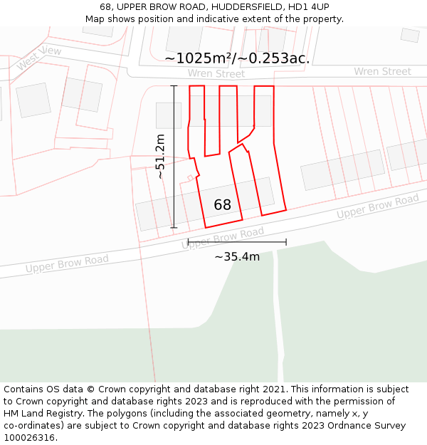 68, UPPER BROW ROAD, HUDDERSFIELD, HD1 4UP: Plot and title map