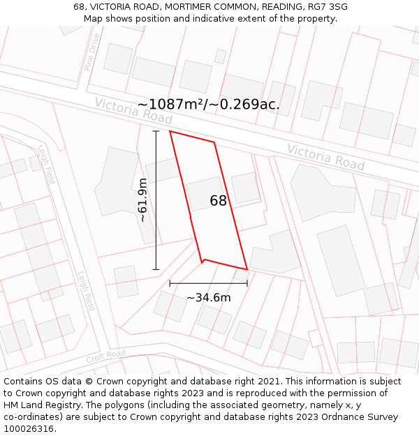 68, VICTORIA ROAD, MORTIMER COMMON, READING, RG7 3SG: Plot and title map