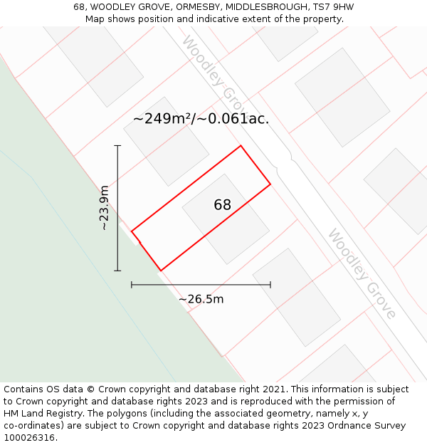 68, WOODLEY GROVE, ORMESBY, MIDDLESBROUGH, TS7 9HW: Plot and title map