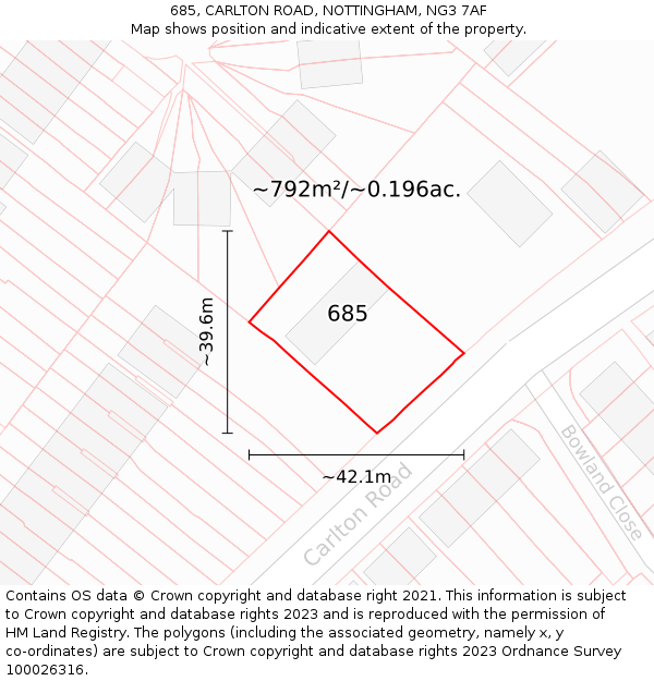 685, CARLTON ROAD, NOTTINGHAM, NG3 7AF: Plot and title map