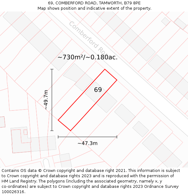 69, COMBERFORD ROAD, TAMWORTH, B79 8PE: Plot and title map