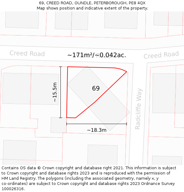69, CREED ROAD, OUNDLE, PETERBOROUGH, PE8 4QX: Plot and title map