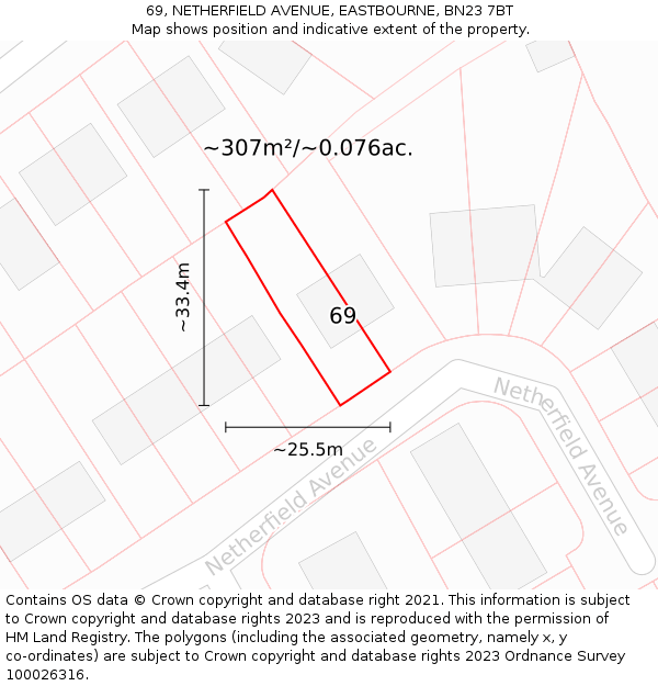 69, NETHERFIELD AVENUE, EASTBOURNE, BN23 7BT: Plot and title map