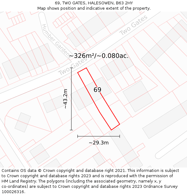 69, TWO GATES, HALESOWEN, B63 2HY: Plot and title map