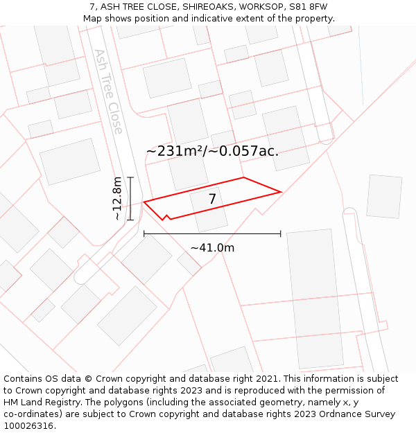 7, ASH TREE CLOSE, SHIREOAKS, WORKSOP, S81 8FW: Plot and title map