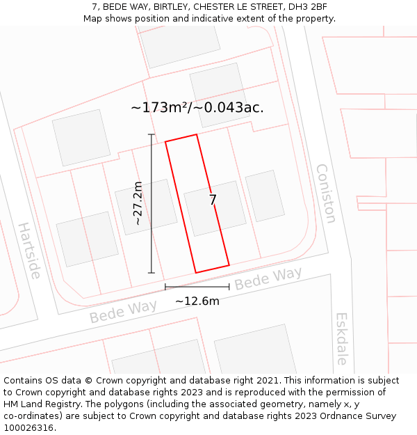 7, BEDE WAY, BIRTLEY, CHESTER LE STREET, DH3 2BF: Plot and title map