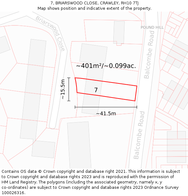 7, BRIARSWOOD CLOSE, CRAWLEY, RH10 7TJ: Plot and title map