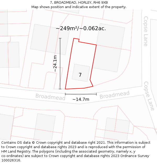7, BROADMEAD, HORLEY, RH6 9XB: Plot and title map