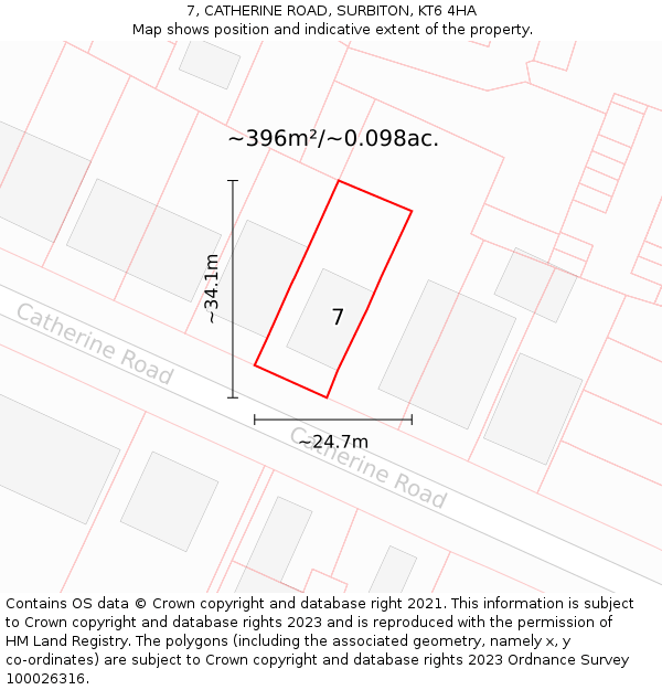 7, CATHERINE ROAD, SURBITON, KT6 4HA: Plot and title map