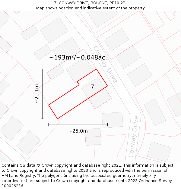 7, CONWAY DRIVE, BOURNE, PE10 2BL: Plot and title map