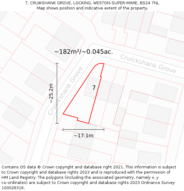 7, CRUIKSHANK GROVE, LOCKING, WESTON-SUPER-MARE, BS24 7NL: Plot and title map
