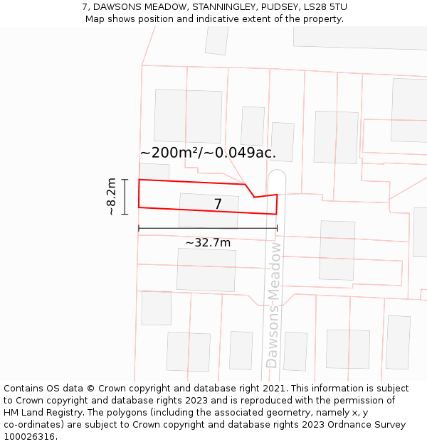 7, DAWSONS MEADOW, STANNINGLEY, PUDSEY, LS28 5TU: Plot and title map