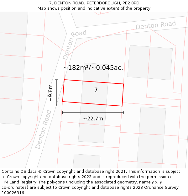 7, DENTON ROAD, PETERBOROUGH, PE2 8PD: Plot and title map