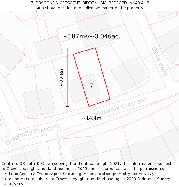 7, DRAGONFLY CRESCENT, BIDDENHAM, BEDFORD, MK40 4UB: Plot and title map