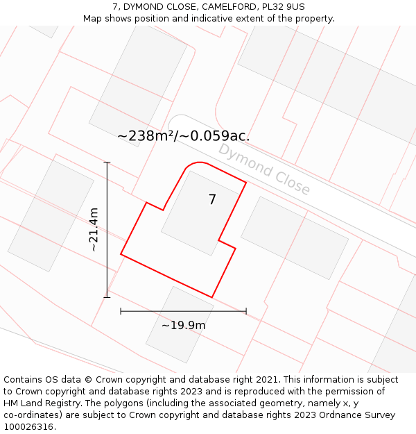 7, DYMOND CLOSE, CAMELFORD, PL32 9US: Plot and title map
