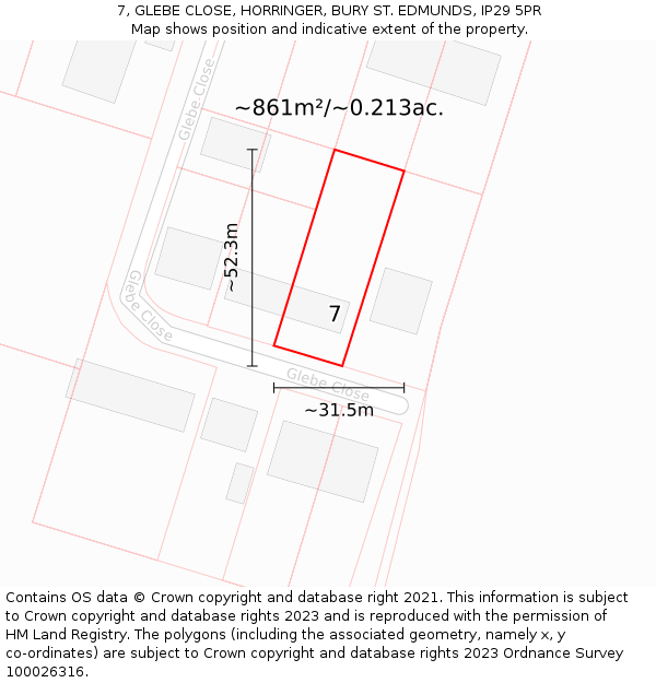 7, GLEBE CLOSE, HORRINGER, BURY ST EDMUNDS, IP29 5PR: Plot and title map