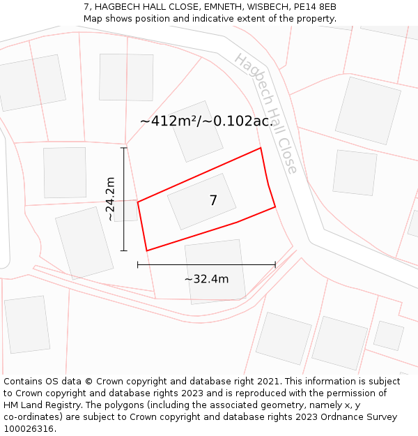 7, HAGBECH HALL CLOSE, EMNETH, WISBECH, PE14 8EB: Plot and title map