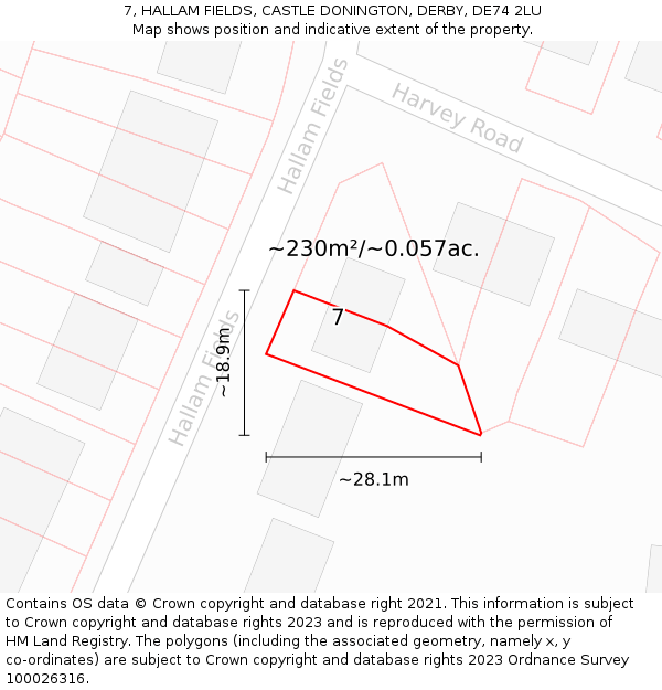 7, HALLAM FIELDS, CASTLE DONINGTON, DERBY, DE74 2LU: Plot and title map