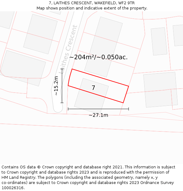 7, LAITHES CRESCENT, WAKEFIELD, WF2 9TR: Plot and title map
