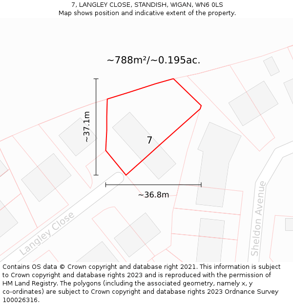 7, LANGLEY CLOSE, STANDISH, WIGAN, WN6 0LS: Plot and title map