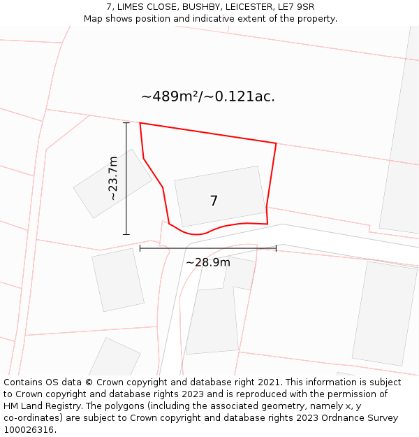 7, LIMES CLOSE, BUSHBY, LEICESTER, LE7 9SR: Plot and title map