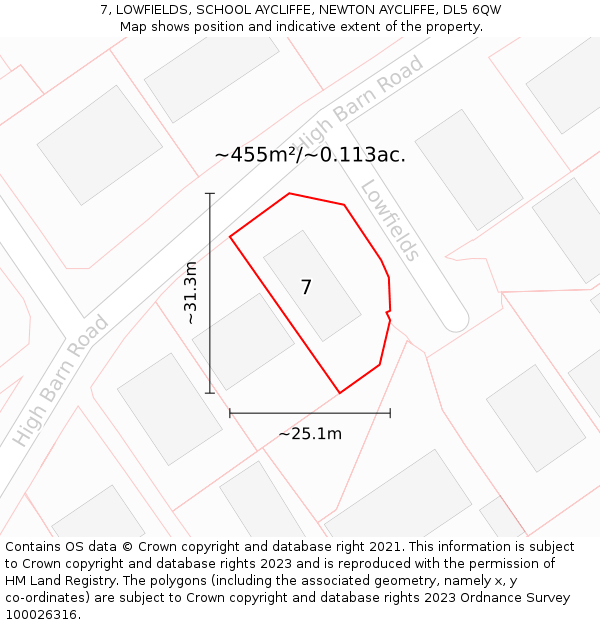 7, LOWFIELDS, SCHOOL AYCLIFFE, NEWTON AYCLIFFE, DL5 6QW: Plot and title map