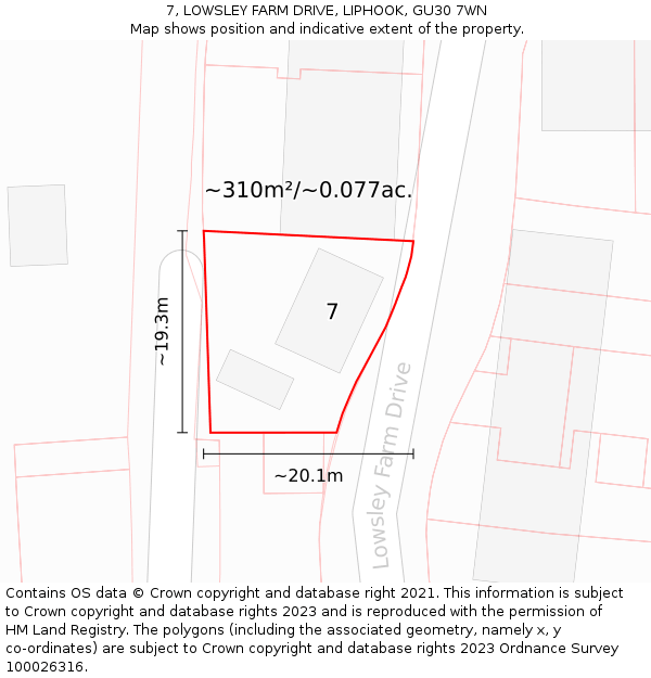 7, LOWSLEY FARM DRIVE, LIPHOOK, GU30 7WN: Plot and title map