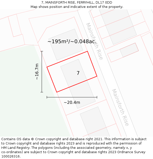 7, MAINSFORTH RISE, FERRYHILL, DL17 0DD: Plot and title map