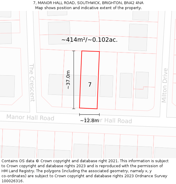 7, MANOR HALL ROAD, SOUTHWICK, BRIGHTON, BN42 4NA: Plot and title map