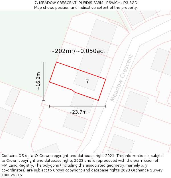 7, MEADOW CRESCENT, PURDIS FARM, IPSWICH, IP3 8GD: Plot and title map